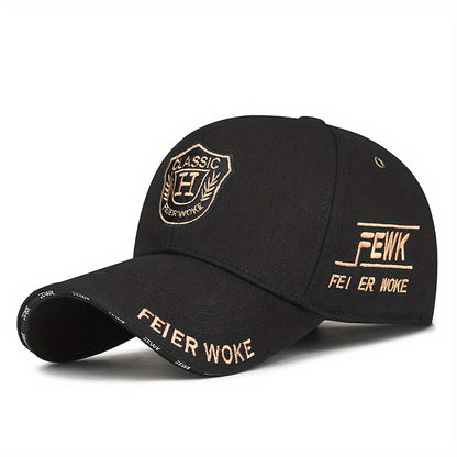 FEWK Unisex Baseball Cap | Breathable Polyester | Adjustable Fit | Embroidered Logo & Golden Badge | Stylish Streetwear for Spring/Autumn, Outdoor Headwear | Golden Badge Design | Durable Cap