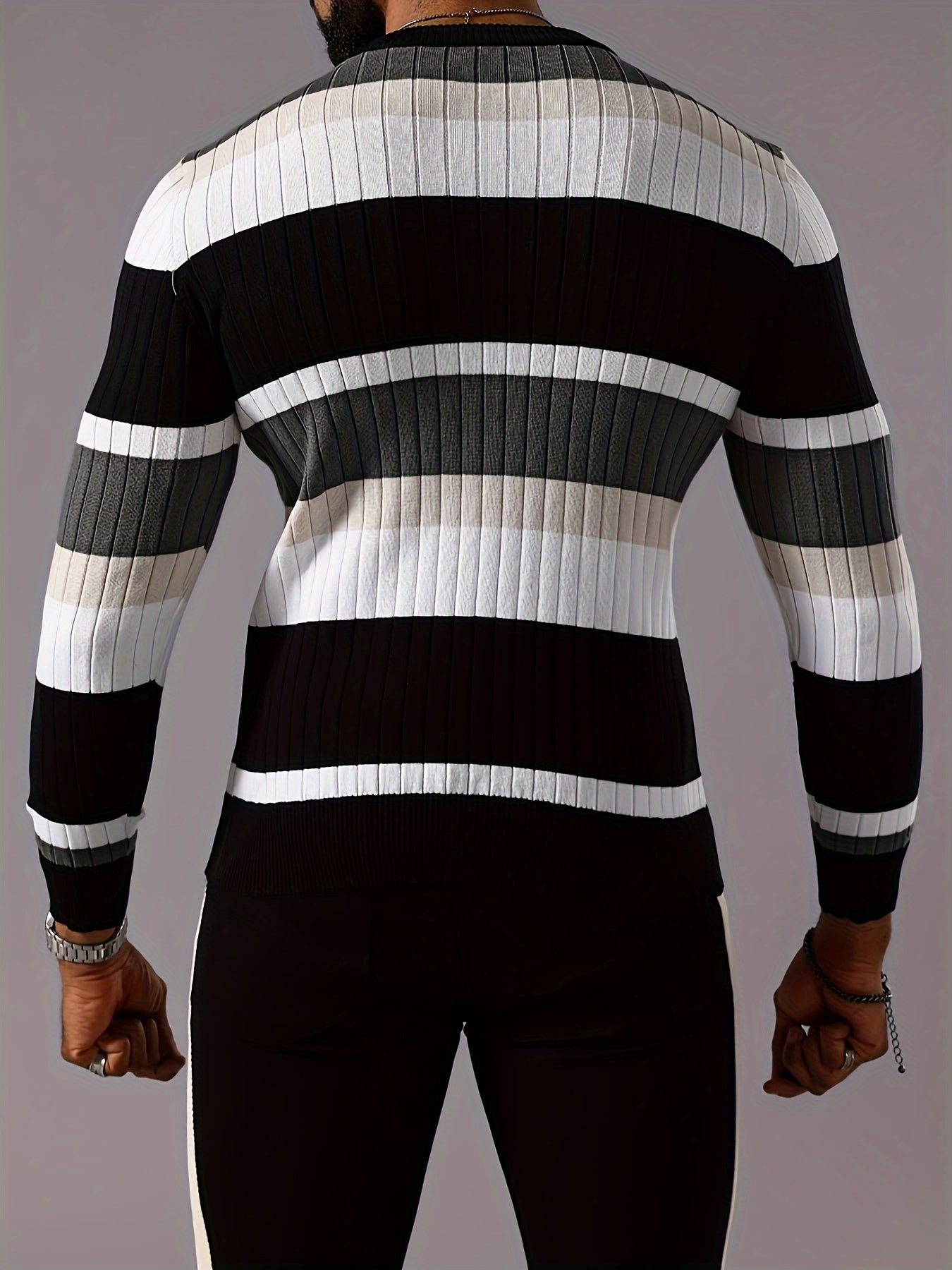 Men's Striped Color-Block Ribbed Knit Sweater - Long Sleeve Round Neck Pullover with Elastic Comfort Fit, Machine Washable Casual Fall Winter Top in Black/White/Green/Beige, Knit Sweater, Medium Elasticity