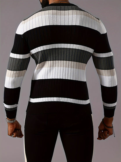 Men's Striped Color-Block Ribbed Knit Sweater - Long Sleeve Round Neck Pullover with Elastic Comfort Fit, Machine Washable Casual Fall Winter Top in Black/White/Green/Beige, Knit Sweater, Medium Elasticity