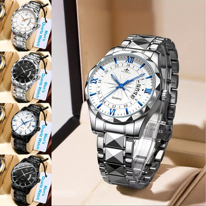 A New FOURRON Brand Men's Quartz Watch With Stainless Steel Strap And Case, Trendy And Luxurious Multi-functional Roman Numeral Dial, Luminous Watch, A Great Gift For Friends' Birthdays, Holidays, And Parties.