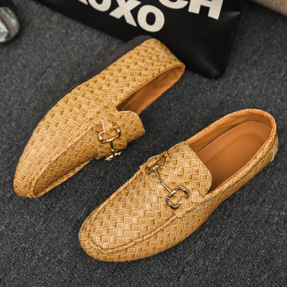 Men's Slip-On Loafers - Black & Tan Casual Shoes with Golden-Tone Metal Accents, Round Toe Comfort, All-Season Versatile for Office & Social Events, Casual Attire, Elegant Style, Premium Material, Modern Gentlemen
