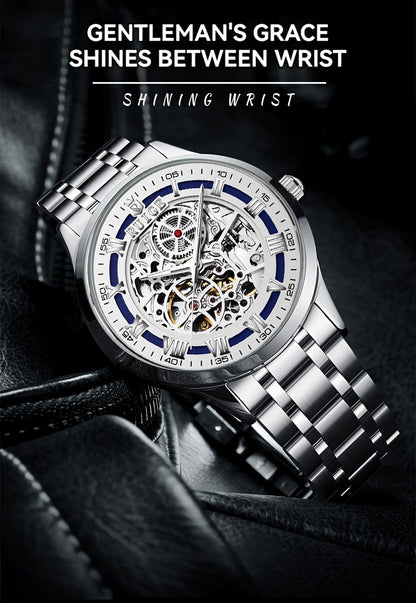 Dianpai Men'S Luxury Automatic Mechanical Watch - Skeleton Design, Stainless Steel Strap, Blue & White Dial, Mechanical Movement, Ideal for Christmas, Thanksgiving, and Spring Festival, Without Battery