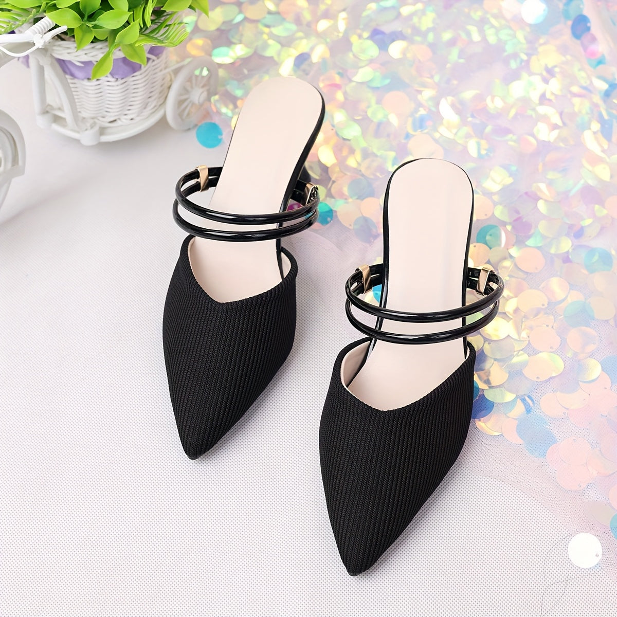 Women'S Elegant Black Pointed-Toe High Heel Sandals with Adjustable Ankle Strap - Slip-On Flared Block Heel, Synthetic Fabric Upper & Rubber Sole, Versatile for Casual or Formal Occasions, Durable Fashionable Party Shoes, Hig