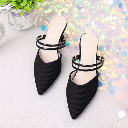 Women'S Elegant Black Pointed-Toe High Heel Sandals with Adjustable Ankle Strap - Slip-On Flared Block Heel, Synthetic Fabric Upper & Rubber Sole, Versatile for Casual or Formal Occasions, Durable Fashionable Party Shoes, Hig