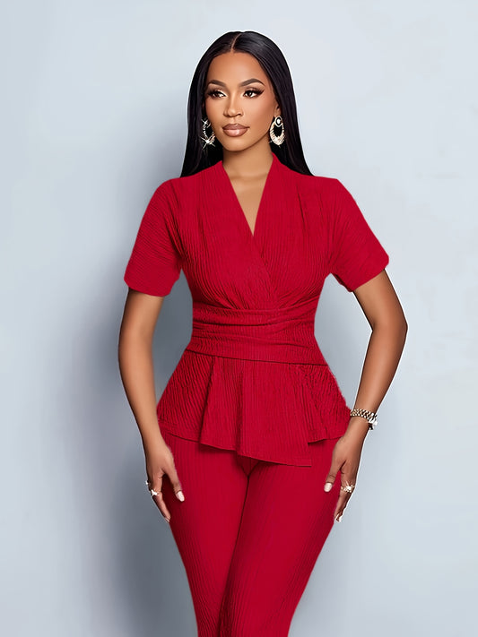 Women's Elegant Casual Solid Color Textured Pants Set