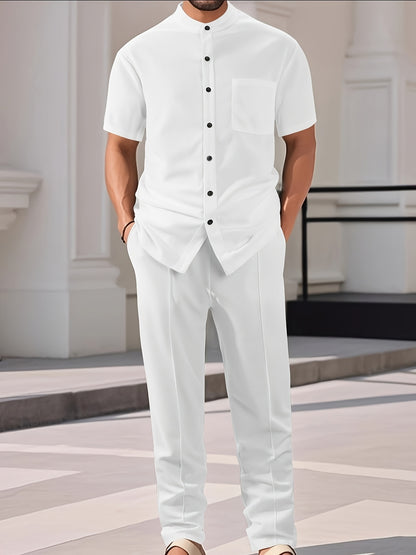 Men'S Two-Piece Set Featuring a Short-Sleeve Cardigan with Pockets And Drawstring Pocket Long Pants, Perfect for a Clean And Comfortable Summer.