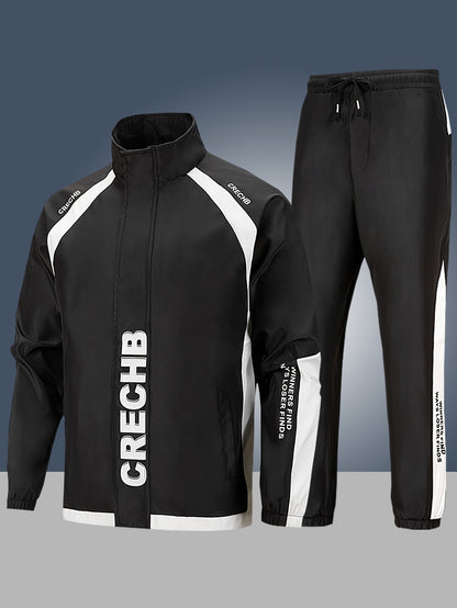 2025 New Casual Sports Set Men'S Spring and Autumn New Trendy Print Jacket, 100% Polyester, Soft Fabric Machine Washable, Casual Sports Loose Running Suit 2pcs Set, For Teenager