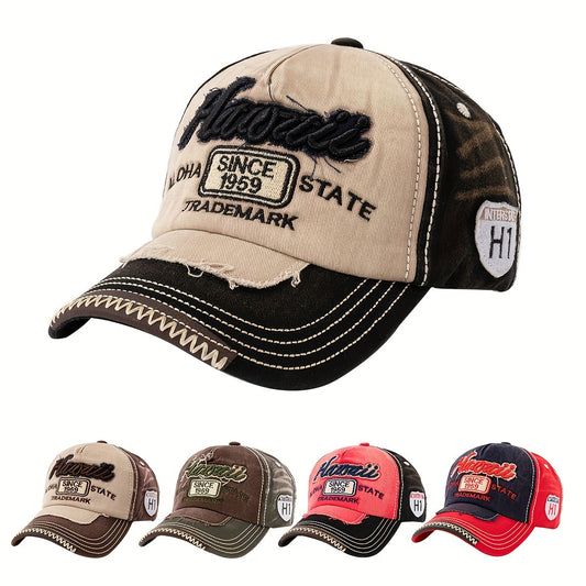 Vintage "Hawaii" Embroidered Baseball Cap - Distressed Two-Tone Design, Breathable Cotton, Adjustable Fit, Casual & Travel Hat (Beige/Black, Brown/Red, Red/White)