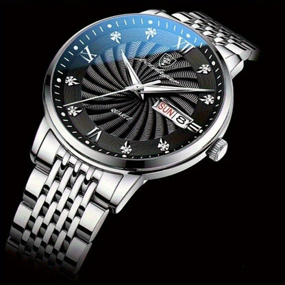 POEDAGAR Men's Luxury Retro Calendar Watch with Blue Dial, Date & Day Display, Quartz Movement, Stainless Steel Band - Perfect Gift for Students & Professionals, Student Wristwatch | Retro Wristwatch | Decorative Dial