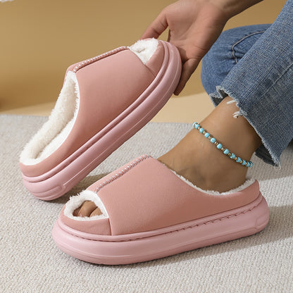 Women's Plush Slip-On House Shoes - Soft Open-Toe Indoor Slippers, Non-Slip Cushioned EVA Sole, All-Season Cozy Lounge Footwear Black/Gray/Beige/Pink/White - Elegant Home Decor Gift for Women, Simple Design, Durable Sole