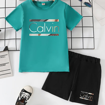 2pcs - Youngsters' Short Sleeve Shorts Set - Street Style Casual "Calvin" Letter Print, Vibrant Design - Summer Outdoor Outfit, Polyester Fabric, Comfortable for All Seasons, Daily Wear | Lively Printed Top | Stretchy Materia