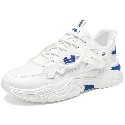 Men's White & Blue Geometric Accent Casual Sneakers - Low-Top Lace-Up Breathable PU Upper, Cushioned EVA Insole & Durable Rubber Sole for All-Season Casual Attire, Shoes Sneakers, Allseason Footwear, Sleek Shoe Design, Fabric