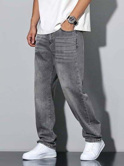 Men'S Casual Loose Fit Denim Jeans, 88.5% Cotton 8.5% Polyester 3% Rayon, All-Season Solid Color Washed Fabric, Regular Length, Non-Stretch Woven Denim Pants
