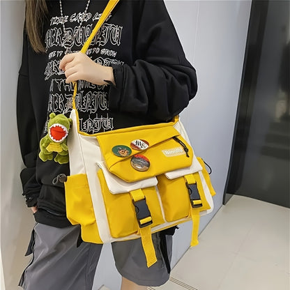 Trendy Nylon Messenger Bag - Casual Japanese-Inspired Shoulder Bag with Adjustable Strap, Large Capacity, Multi-Pocket Design for School & Sports, Blue & White