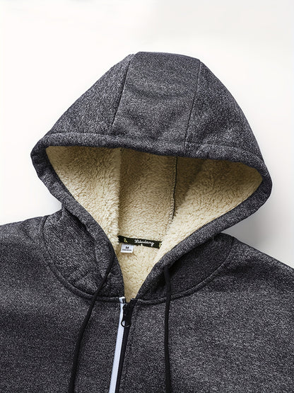 1pc Men'S Casual Style Hooded Jacket, Thick Fleece Lined, Warm Autumn/Winter Fashion, Solid Color, Polyester Knit with Pockets, Regular Fit