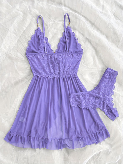 Sexy and Romantic Sleepwear Set, Solid Color Lace Camisole with Matching Panties, V-Neck Design Accentuating Elegant Neckline, Delicate Lace Pattern for Softness. Flared Hem and Ruffled Front Add Graceful Charm, Perfect for a