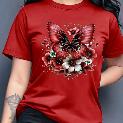 Women'S Floral Butterfly Print T-Shirt, Short Sleeve Crew Neck Casual Top for Spring & Summer, Vibrant Green with White & Blue Flowers, Perfect Birthday or Holiday Gift, Everyday Fashion | Vibrant Casual Top | Glossy Texture