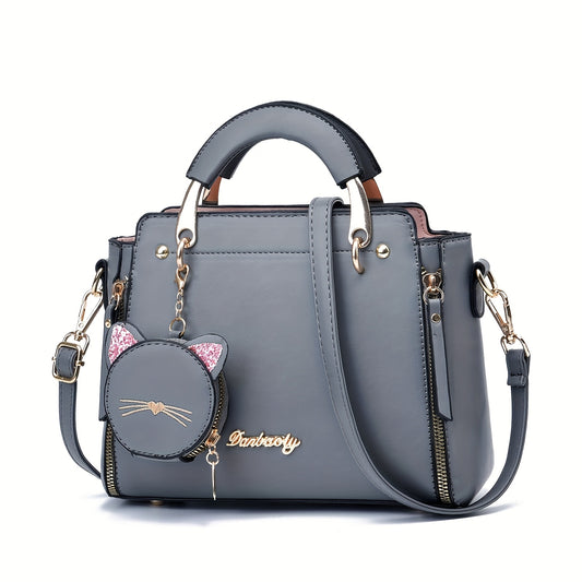 Women'S Fashion Cat Head Handbag, 2025 Trendy Shoulder Bag with Zipper Closure, Polyester Lined, Painted Edges, Versatile Solid Color - White, Red, Black, Pink, Khaki, Grey, Blue, Green, Purple, Light Blue