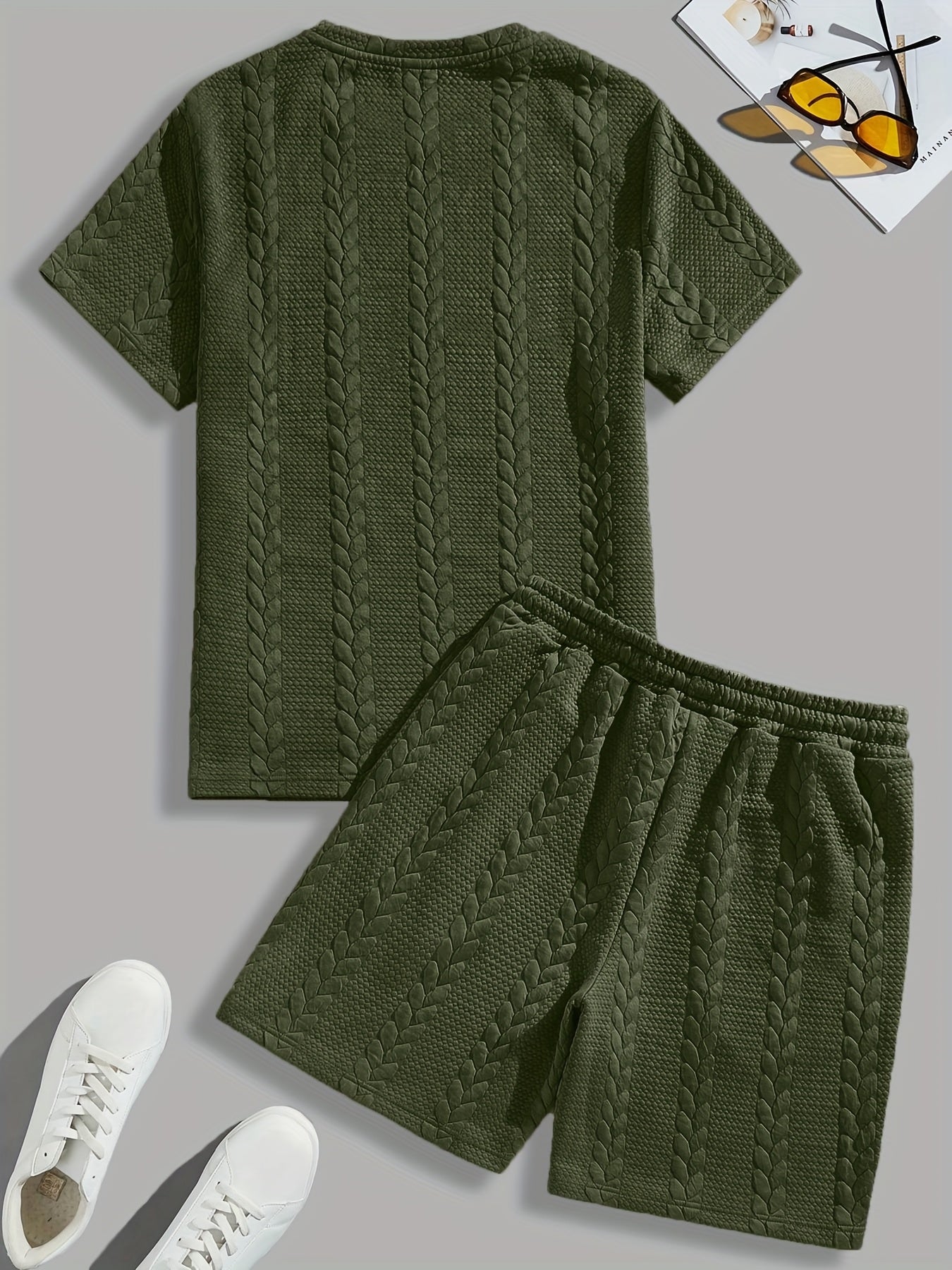 Casual Crew Neck Short Sleeve T-Shirt & Drawstring Shorts - Brown, Summer Outfit