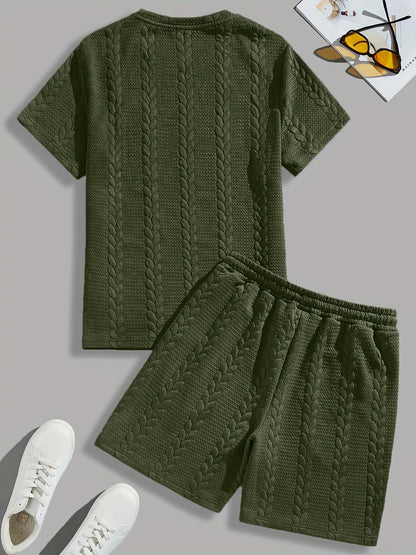 Casual Crew Neck Short Sleeve T-Shirt & Drawstring Shorts - Brown, Summer Outfit