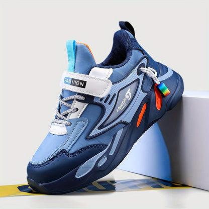 Boys' Sports Casual Running Shoes, Microfiber Synthetic Leather Hook and Loop Fastener, Round Toe Lightweight Cross-Trainer, Fabric Insole, EVA Sole, Striped Fashion Sneakers for All-Season Activities