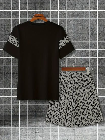 Men's Casual 3D Print Sports Outfit Summer Round Neck Short Sleeve T-Shirt and Shorts Set