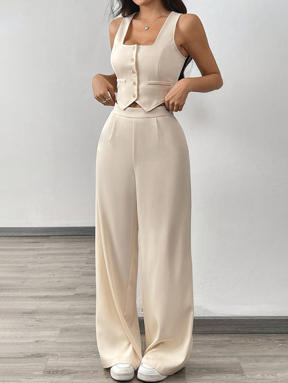 A Set Consisting of Two Women'S Apricot-Colored Sleeveless Cardigans with Square Necklines And Loose-Fitting Wide-Leg Pants.
