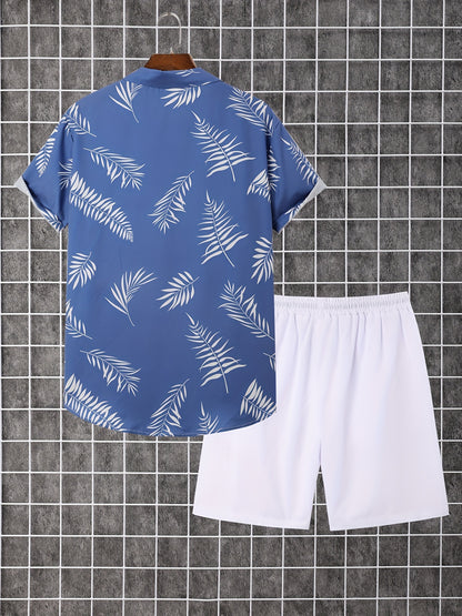 2-piece Men's Holiday Style Summer Outfit Set, Leafs Pattern Print Short Sleeve Button Up Lapel Shirt Top & Solid Drawstring Shorts With Pockets