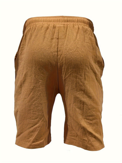 Men's Summer Cotton Drawstring Elastic Waist Straight-Leg Solid Color Breathable Casual Beach Shorts - 3pcs