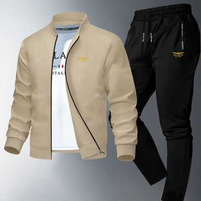 Men'S Trendy Jacket And Pants Set, 1800 Print, Casual Young Sports Suit, Skinny Fit, Zipper Detail, Long Sleeve, Slight Stretch Fabric, Collared Neck, Fall/Winter, Casual Style, Skinny Fit Jacket|Modern Casual Wear|Zippered J