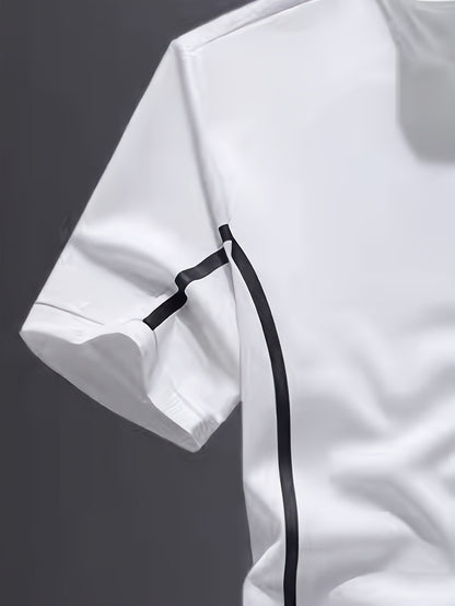 Men's Fashion Stripe Casual Suit, 2pcs Stylish Stand Collar Zippered Breathable Outfit with Short Sleeve T-Shirt and Drawstring Pants for Summer Wear