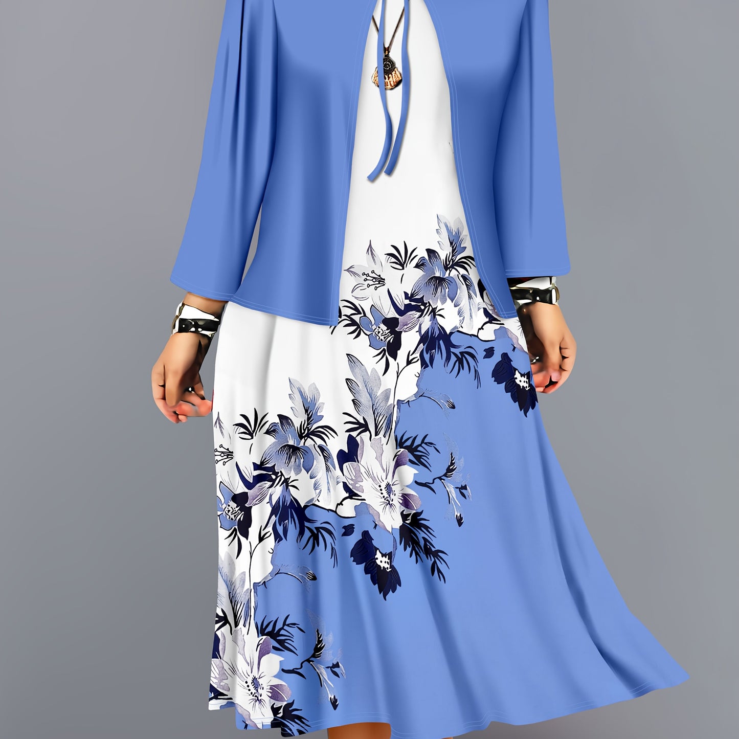 Fashion Women's solid color small cardigan and floral print patchwork dress two-piece set