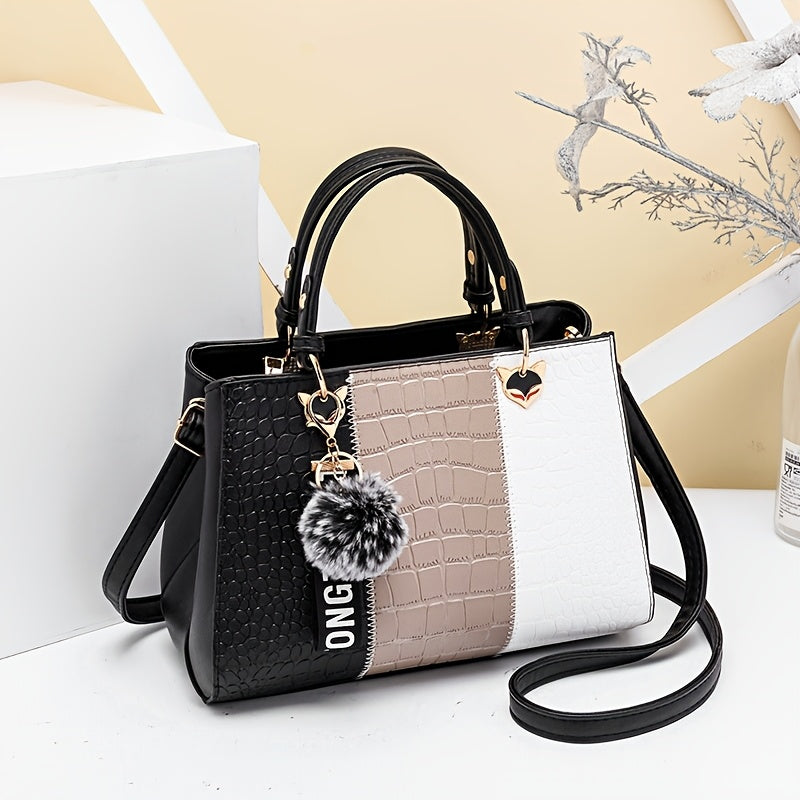 Cocogigi Elegant Women'S Crocodile Pattern Handbag with Removable Strap, Large Capacity, Black & White Design, Stylish Handbag for Mom, Friend, Or Gift, Crocodile Texture