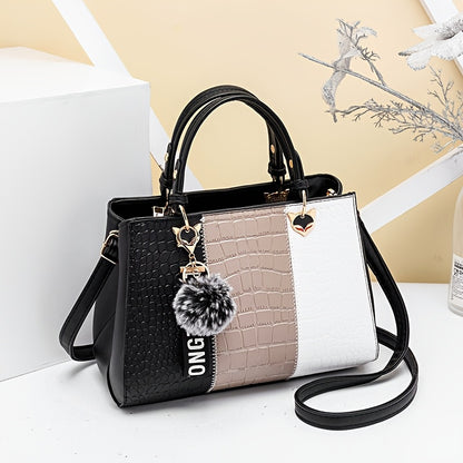 Cocogigi Elegant Women'S Crocodile Pattern Handbag with Removable Strap, Large Capacity, Black & White Design, Stylish Handbag for Mom, Friend, Or Gift, Crocodile Texture
