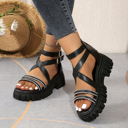 Women'S Summer Chunky Platform Sandals - Open-Toe Design with Adjustable Buckle Straps, White Faux Cover & Thick TPR Sole for Beach, Casual & Everyday Wear, Strappy Sandals, Beach Footwear, Stylish Footwear, Durable Footwear
