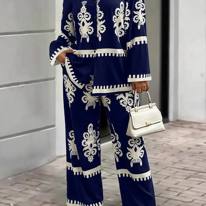 Women'S Elegant Geometric-Patterned Polyester Suit Set, Long Sleeve Top with Lapel Collar and Pants, Regular Sleeve, Woven Placket, Spring/Fall Casual Country Style Outfit