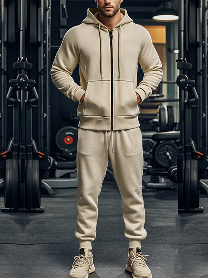 2pcs Men's Solid Color Hooded Long Sleeve Sweatshirt + Pants Set, Casual Co-ord Sports Fitness Set