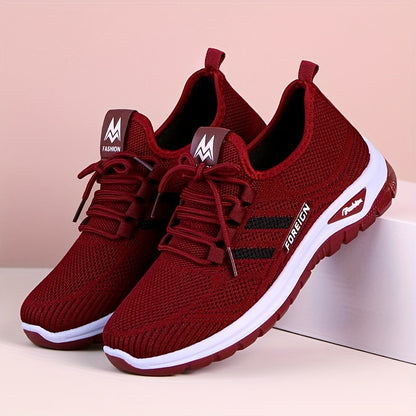 Women's Lightweight Breathable Knit Running Sneakers - Casual Sneakers with Lace-Up Closure, Dual-Layer PVC Sole for Easy Wear & Comfort, Black & Red Striped Design, Perfect for Outdoor Activities, Walking, and Daily Commute,