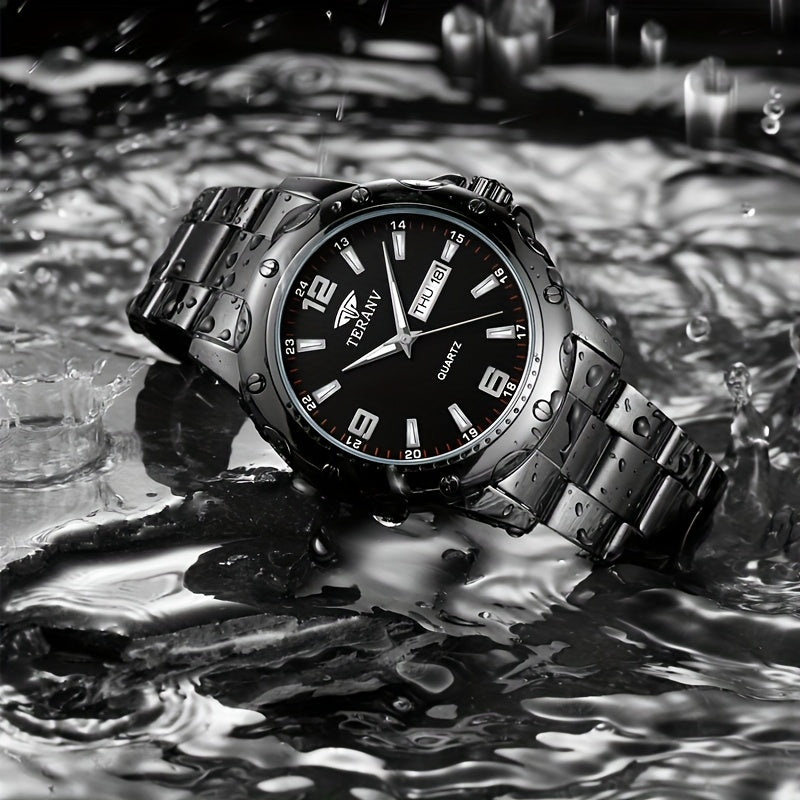 Elegant Men's Stainless Steel Quartz Watch - IPX7 High Quality, Luminous Hands, Date & Day Display, Business Casual Sporty Design for Everyday & Water Activities, Versatile Wristwatch, Sleek Strap Design, Glowing Markers