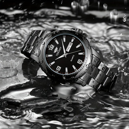 Elegant Men's Stainless Steel Quartz Watch - IPX7 High Quality, Luminous Hands, Date & Day Display, Business Casual Sporty Design for Everyday & Water Activities, Versatile Wristwatch, Sleek Strap Design, Glowing Markers