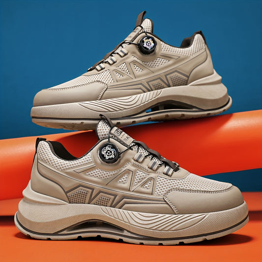 Men's 2025 New Casual Athletic Running Shoes - Thick-Sole Hiking & Basketball Sneakers with Breathable PU/Fabric Upper, Durable PVC Outsole, Beige/Black Colorway for Outdoor, Streetwear & Everyday Comfort, Round Toe Design |