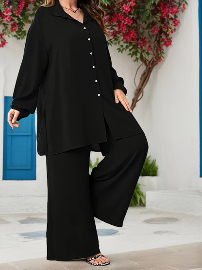 Plus Size, Plus Size Women's Fashionable and Elegant Loose V-Neck Two-Piece Set