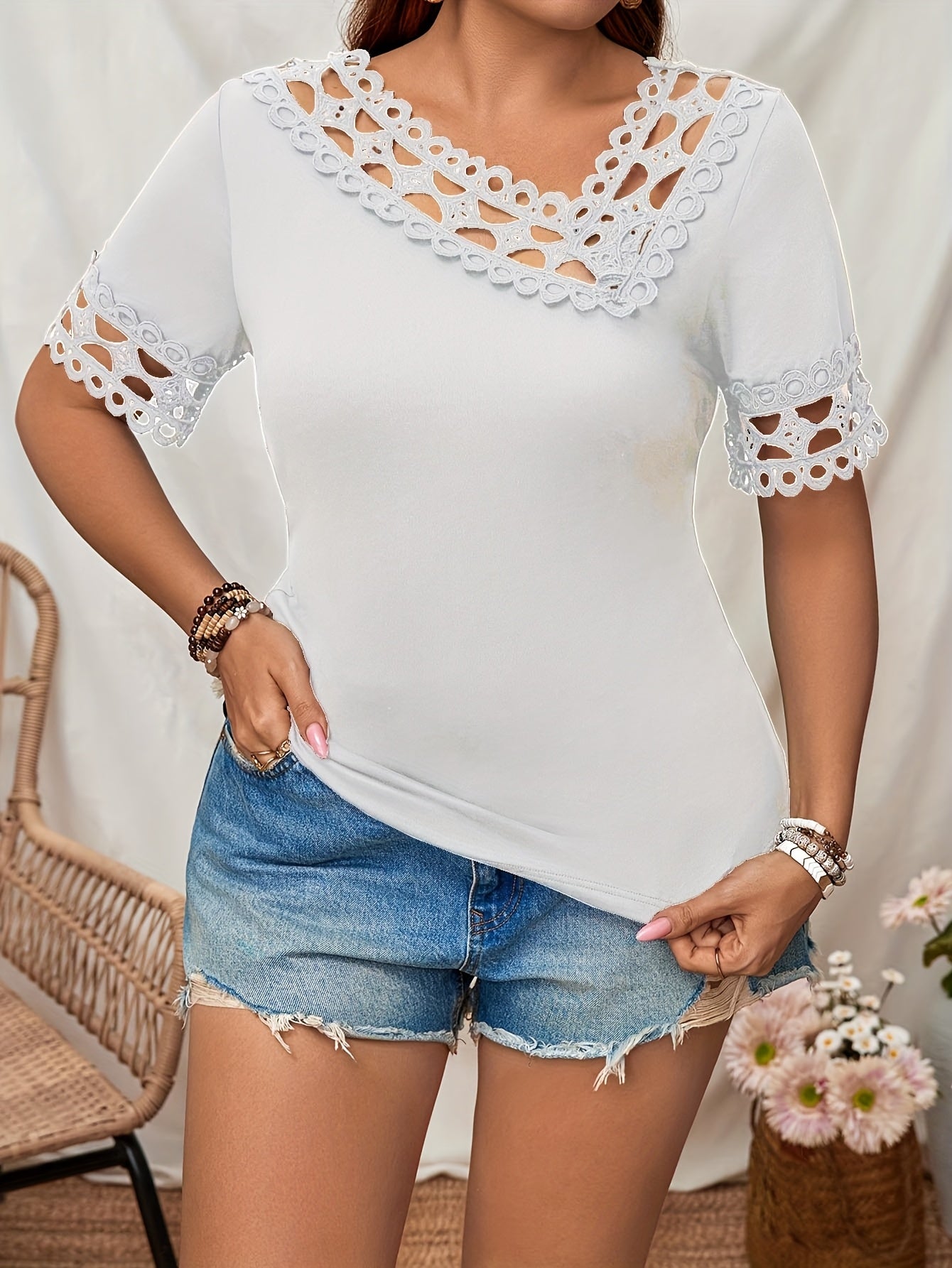 Women's Plus Size Elegant Short Sleeve Top with Asymmetrical Neckline and Lace Cut-Out Detail - Stretchy Polyester Blend, Machine Washable, Black, Perfect for Spring/Summer Casual Outfits, Spring Fashion Wear | Asymmetrical N