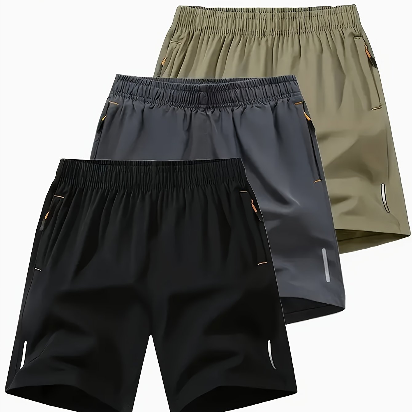 3-Pack Men'S Fashion Sports Casual Shorts, 97% Polyester 3% Elastane, Solid Color, Zipper Detail, Woven Fabric, Slight Stretch, Loose Fit, 117g/m² Weight