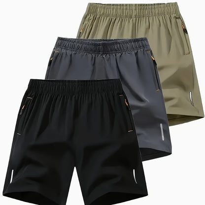 3-Pack Men'S Fashion Sports Casual Shorts, 97% Polyester 3% Elastane, Solid Color, Zipper Detail, Woven Fabric, Slight Stretch, Loose Fit, 117g/m² Weight