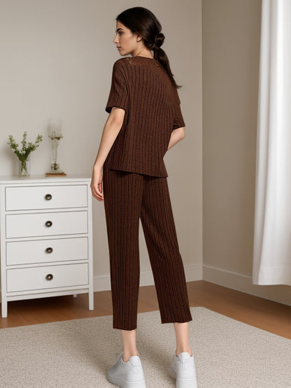 Women's Solid Ribbed Elegant Loose Fit Lounge Set, Short Sleeve Round Neck Top & Pants, Comfortable Relaxed Fit