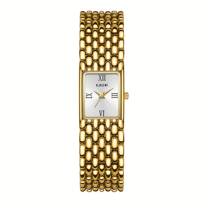 LIGE Women'S Luxury Quartz Watch - Stainless Steel Band, Blue Dial with Roman Numerals, Elegant Fashion Timepiece for Casual or Sporty Wear, Elegant Timepiece | Sleek Watch Design | Alloy Watch Case
