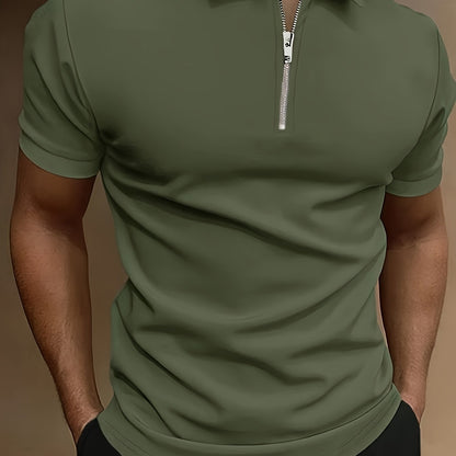 Casual Stretch Men's Solid Color Zipper Lapel Golf Shirt, Male Summer Streetwear