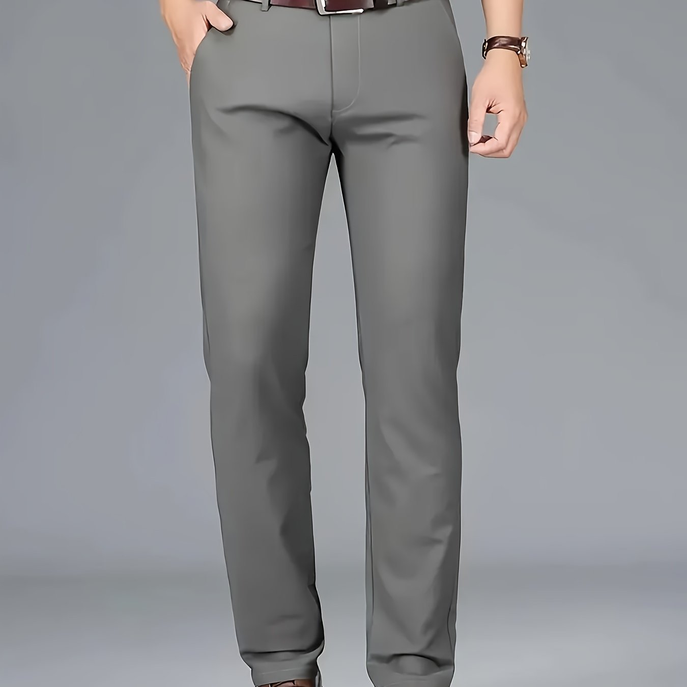 [Durable Build] Men's All-Season Casual Dress Pants - Business Style Stretch Trousers, Comfortable Classic Design, Light Brown Polyester Blend, Machine Washable, Smooth Finish, Regular Fit for Office or Leisure Wear