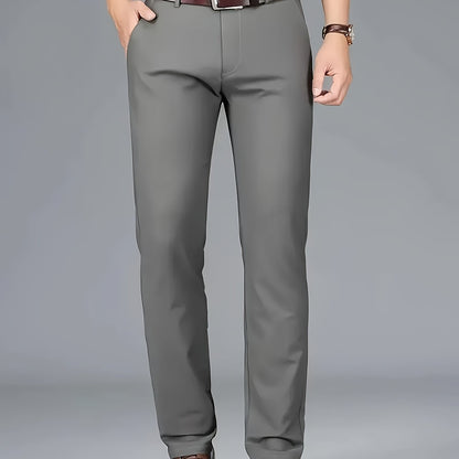 [Durable Build] Men's All-Season Casual Dress Pants - Business Style Stretch Trousers, Comfortable Classic Design, Light Brown Polyester Blend, Machine Washable, Smooth Finish, Regular Fit for Office or Leisure Wear